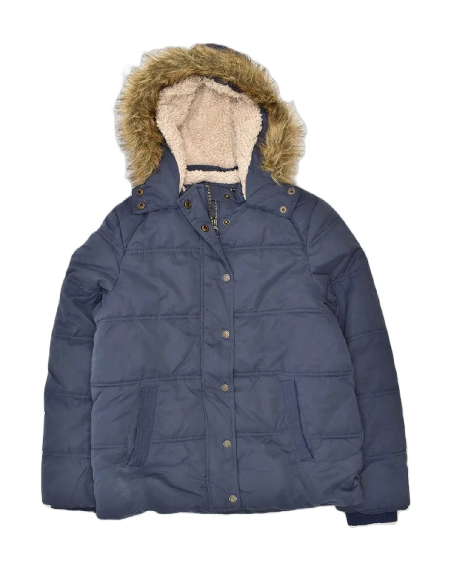 men's zip-up rain jackets -FAT FACE Girls Hooded Parka Jacket 12-13 Years Navy Blue Cotton