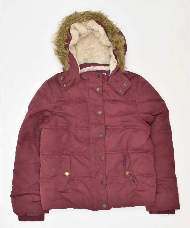 men's jacket with fur collar -FAT FACE Girls Hooded Sherpa Padded Jacket 10-11 Years Burgundy Polyester