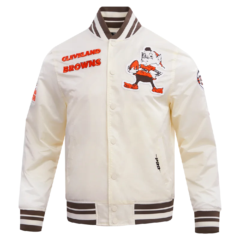 men's functional jackets -NFL CLEVELAND BROWNS RETRO CLASSIC MEN'S RIB SATIN JACKET (EGGSHELL/ BROWN)