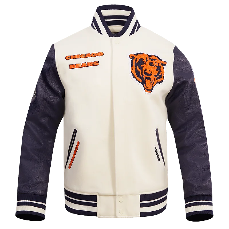 men's zippered jackets -NFL CHICAGO BEARS RETRO CLASSIC MEN'S RIB WOOL VARSITY JACKET (EGGSHELL/MIDNIGHT NAVY)