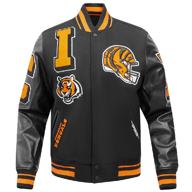 men's long jackets -NFL CINCINNATI BENGALS MASHUP MEN'S RIB WOOL VARSITY JACKET (BLACK/ORANGE)