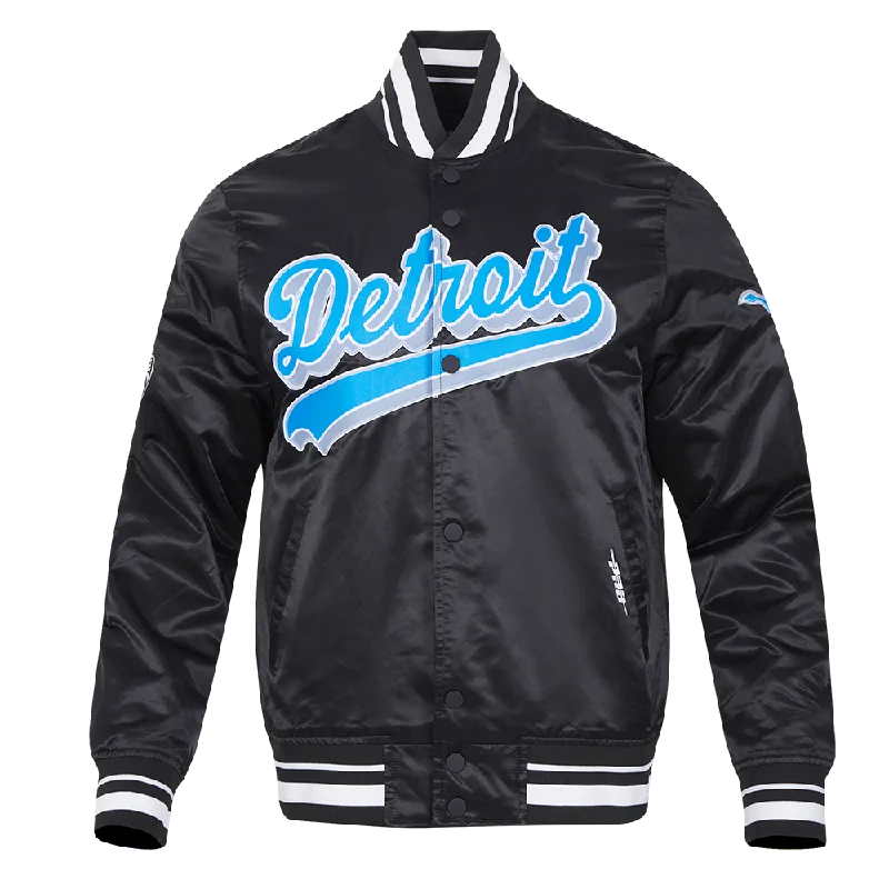 men's jacket for fall weather -NFL DETROIT LIONS SCRIPT TAIL MEN'S SATIN JACKET (BLACK)