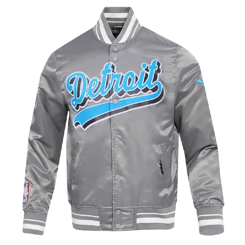 men's zippered jackets -NFL DETROIT LIONS SCRIPT TAIL MEN'S SATIN JACKET (GRAY)