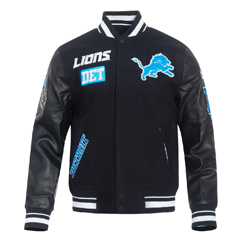 men's insulated jackets for cold weather -NFL DETROIT LIONS AREA CODE MEN'S RIB WOOL VARSITY JACKET (BLACK)