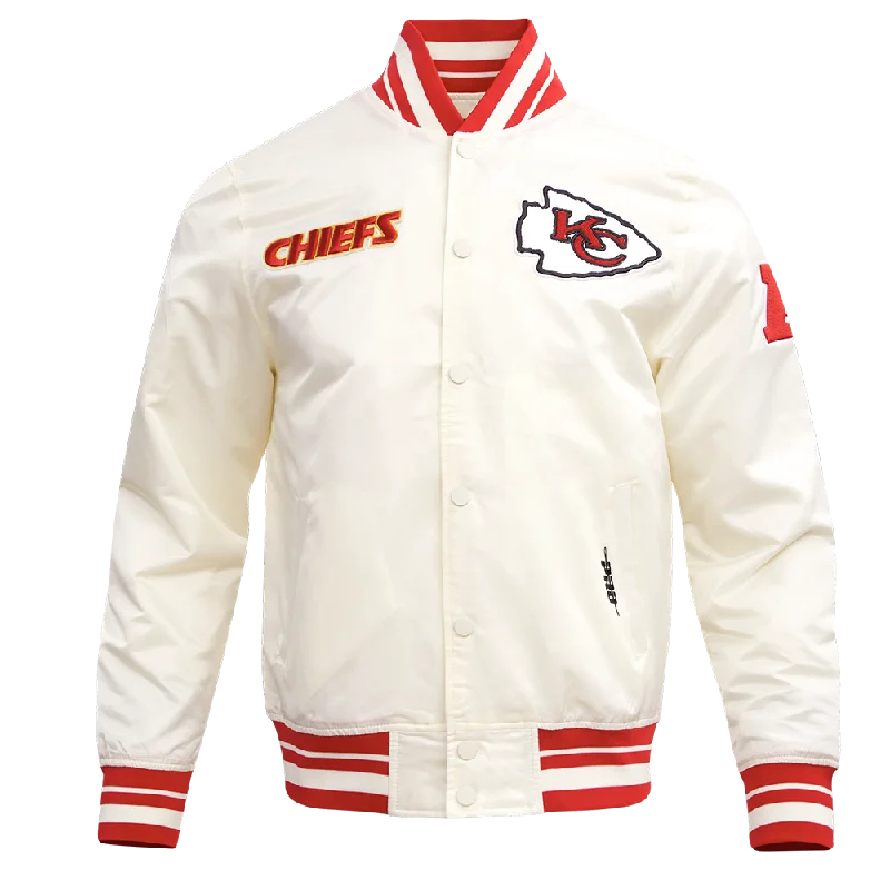 men's fashionable jackets -NFL KANSAS CITY CHIEFS RETRO CLASSIC MEN'SS RIB SATIN JACKET (EGGSHELL/ RED)