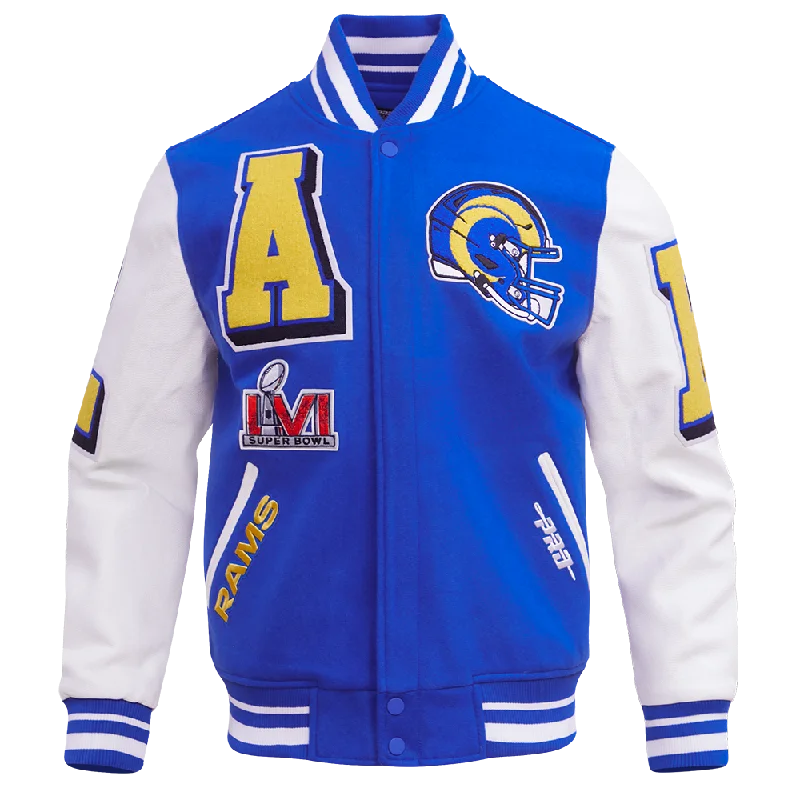 men's varsity jackets -NFL LOS ANGELES RAMS MASHUP MEN'S RIB WOOL VARSITY JACKET (ROYAL BLUE/WHITE)