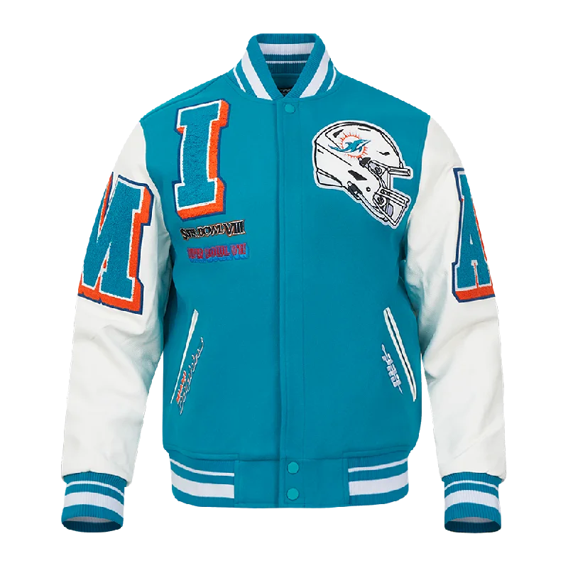 men's zip-up rain jackets -NFL MIAMI DOLPHINS MASHUP MEN'S RIB WOOL VARSITY JACKET (TEAL/WHITE)