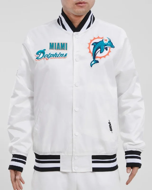 men's casual zip-up jackets -NFL MIAMI DOLPHINS RETRO CLASSIC MEN'S RIB SATIN JACKET (WHITE/BLACK)