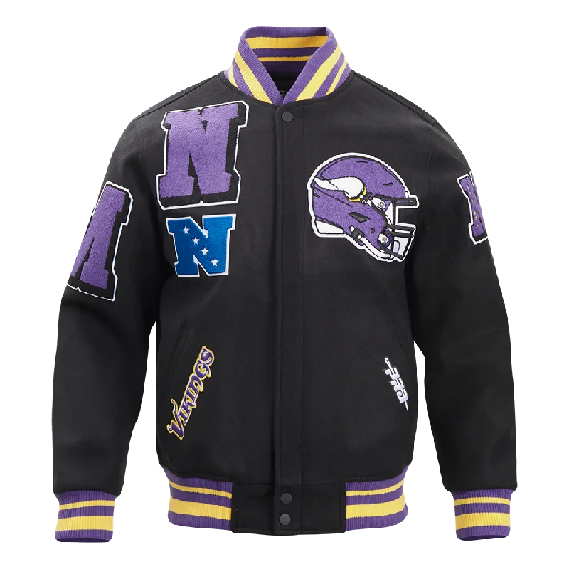 men's jacket with fur collar -NFL MINNESOTA VIKINGS MASHUP MEN'S RIB WOOL VARSITY JACKET (BLACK/PURPLE)