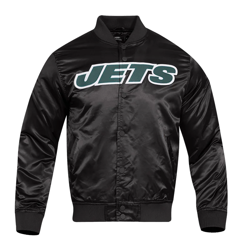 men's stylish bomber jackets -NFL NEW YORK JETS WORDMARK MEN'S SATIN JACKET (BLACK)