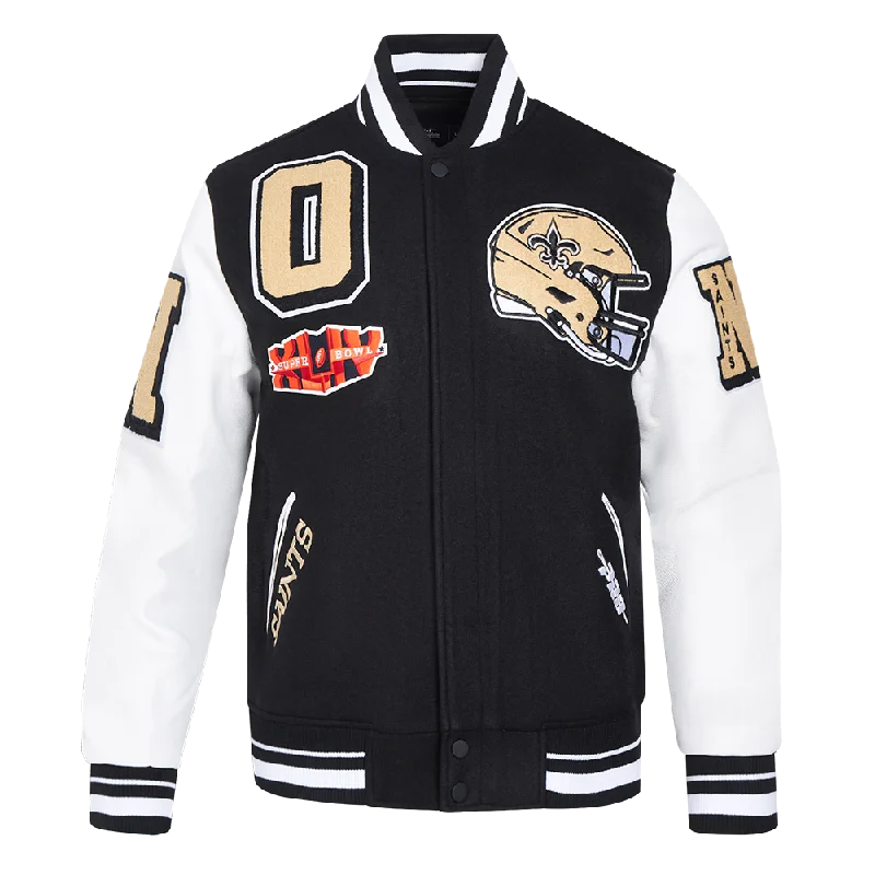 men's leather bomber jackets -NFL NEW ORLEANS SAINTS MASHUP MEN'S RIB WOOL VARSITY JACKET (BLACK/WHITE)