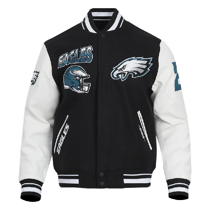 men's ski jackets -NFL PHILADELPHIA EAGLES TURN IT UP MEN'S RIB WOOL VARSITY JACKET (BLACK/WHITE)