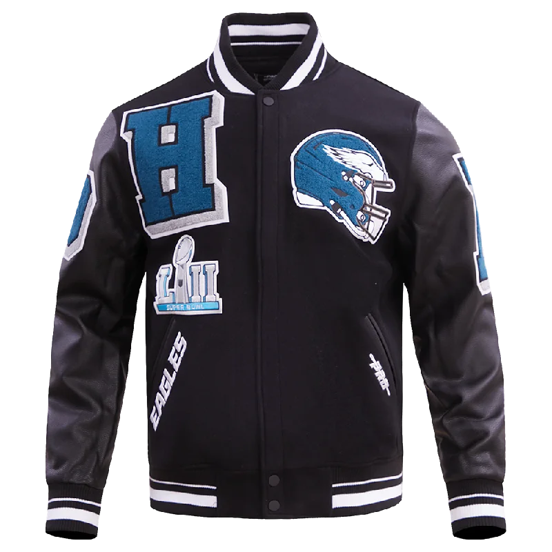 men's thermal jackets -NFL PHILADELPHIA EAGLES MASHUP MEN'S RIB WOOL VARSITY JACKET (BLACK)