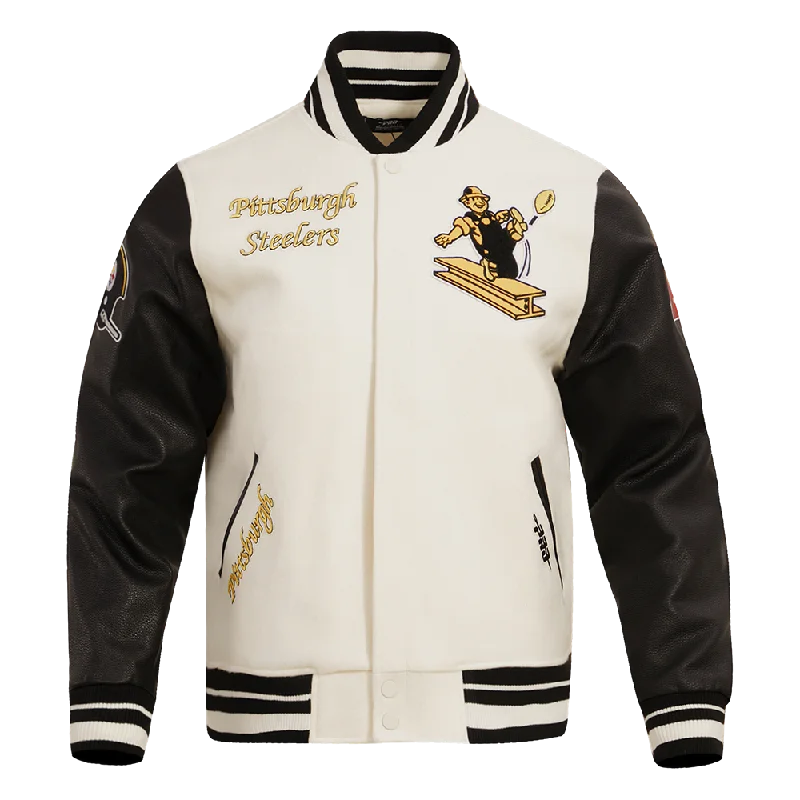 men's long trench jackets -NFL PITTSBURGH STEELERS RETRO CLASSIC MEN'S RIB WOOL VARSITY JACKET (EGGSHELL/ BLACK)