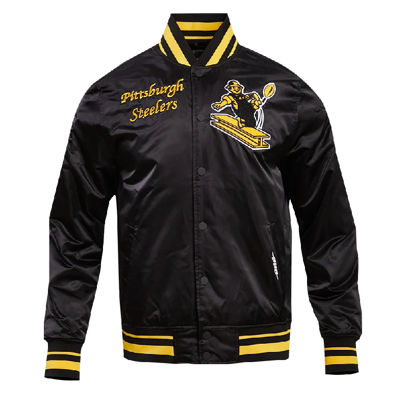 men's long trench jackets -NFL PITTSBURGH STEELERS RETRO CLASSIC MEN'S RIB SATIN JACKET (BLACK/YELLOW)