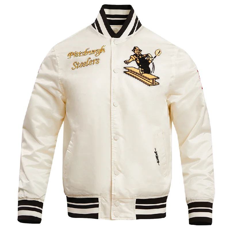 men's biker jackets -NFL PITTSBURGH STEELERS RETRO CLASSIC MEN'S RIB SATIN JACKET (EGGSHELL/ BLACK)