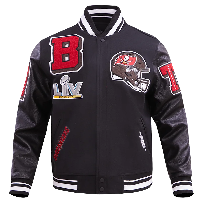 men's denim jacket with hoodie -NFL TAMPA BAY BUCCANEERS MASHUP MEN'S RIB WOOL VARSITY JACKET (BLACK)