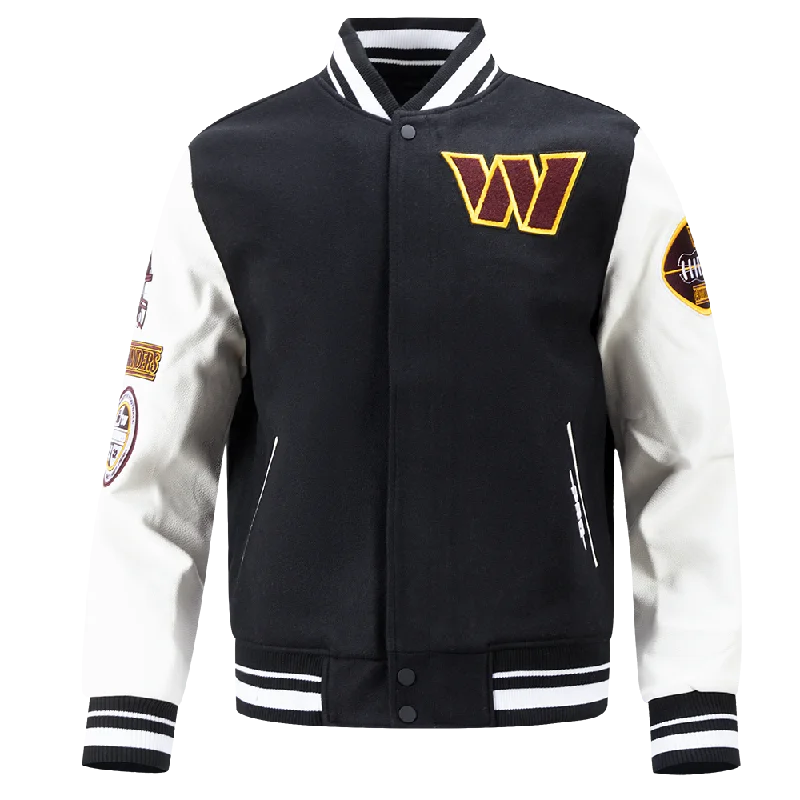 men's outdoor performance jackets -NFL WASHINGTON COMMANDERS OLD ENGLISH MEN'S RIB WOOL VARSITY JACKET (BLACK/WHITE)