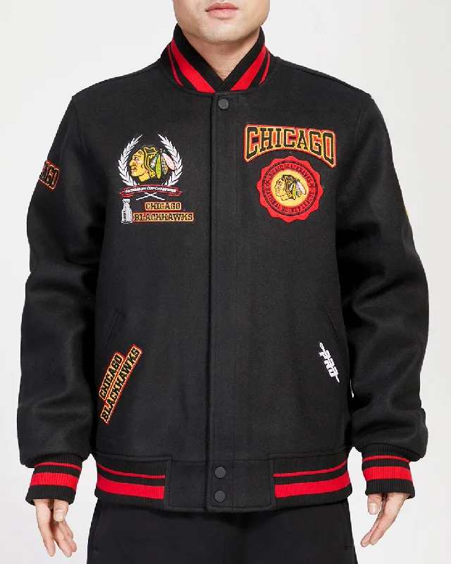 men's long jackets -NHL CHICAGO BLACKHAWKS CREST EMBLEM MEN'S RIB WOOL VARSITY JACKET (BLACK/RED/BLACK)