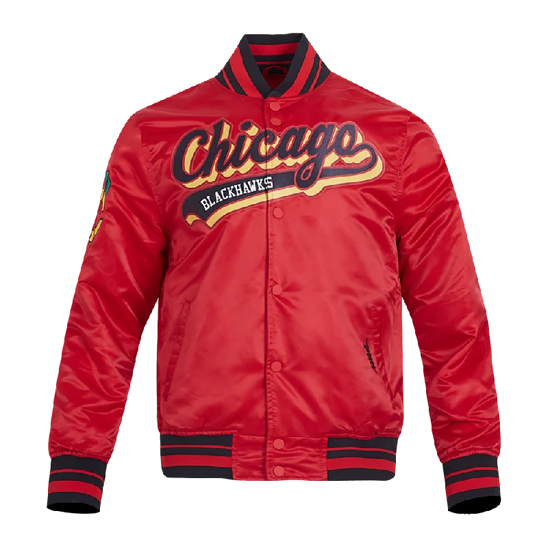 men's premium jackets -NHL CHICAGO BLACKHAWKS SCRIPT TAIL MEN'S RIB SATIN JACKET (RED/BLACK)