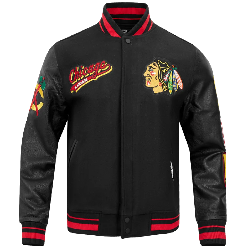 men's leather jackets -NHL CHICAGO BLACKHAWKS SCRIPT TAIL MEN'S RIB WOOL VARSITY JACKET (BLACK/RED/BLACK)