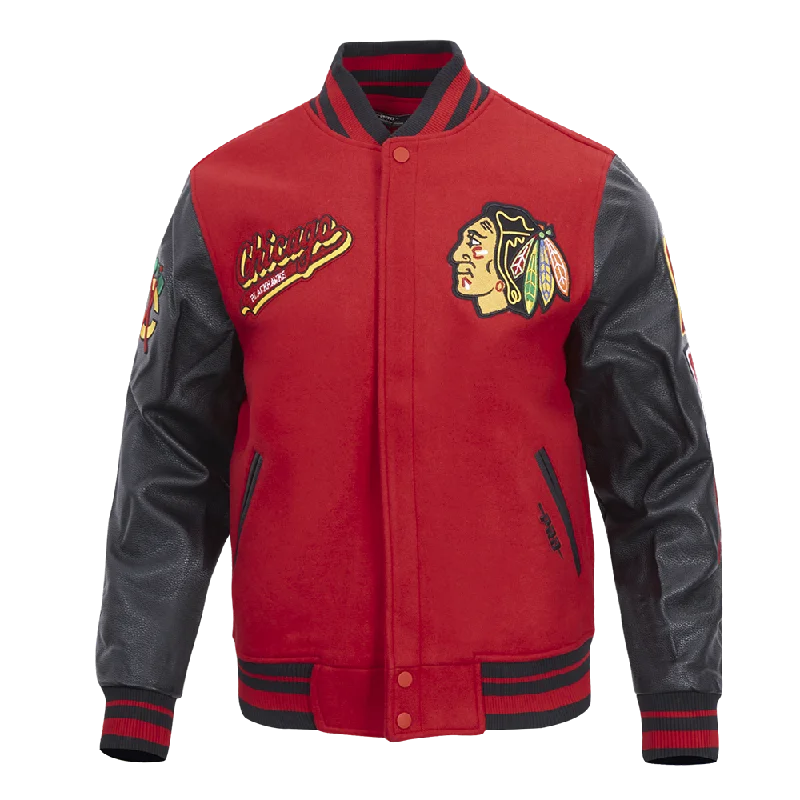 men's double-breasted jackets -NHL CHICAGO BLACKHAWKS SCRIPT TAIL MEN'S RIB WOOL VARSITY JACKET (RED/BLACK)