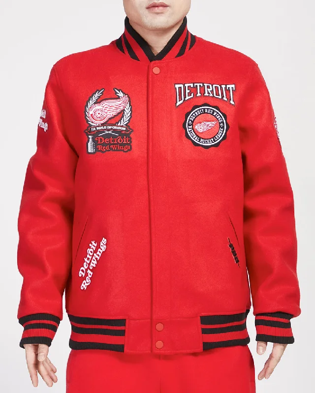 men's puffer jackets -NHL DETROIT RED WINGS CREST EMBLEM MEN'S RIB WOOL VARSITY JACKET (RED/BLACK)