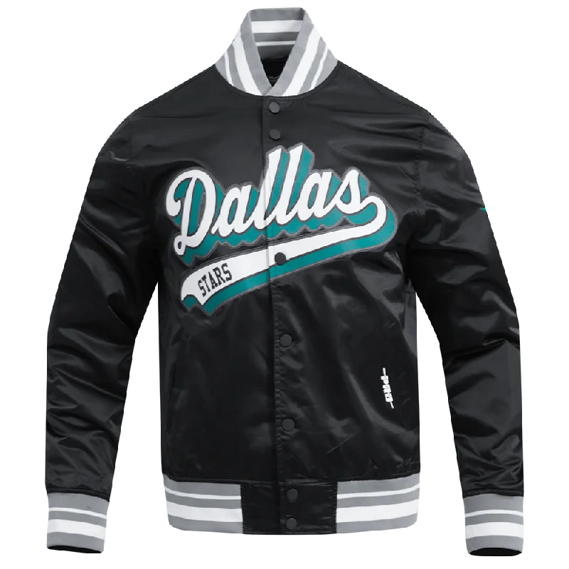 men's bomber jackets for winter -NHL DALLAS STARS SCRIPT TAIL MEN'S SATIN JACKET (BLACK/GRAY)