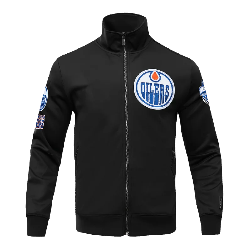 men's black jackets -NHL EDMONTON OILERS CLASSIC CHENILLE MEN'S DK TRACK JACKET (BLACK)