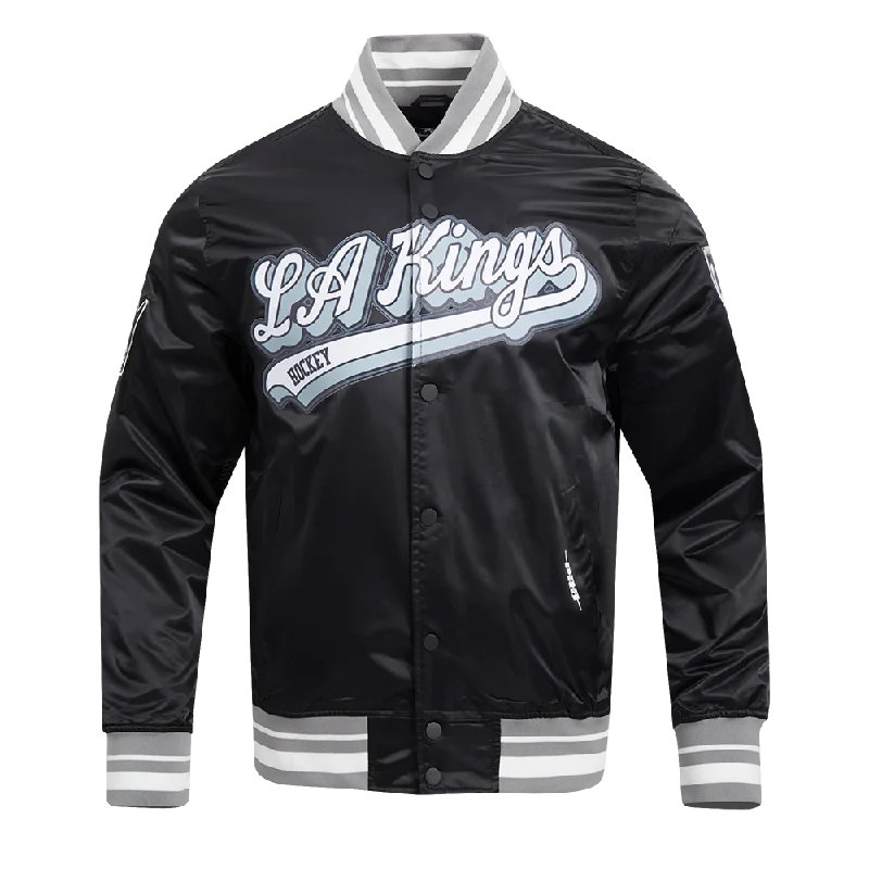 men's casual zip-up jackets -NHL LOS ANGELES KINGS SCRIPT TAIL MEN'S SATIN JACKET (BLACK/GRAY)