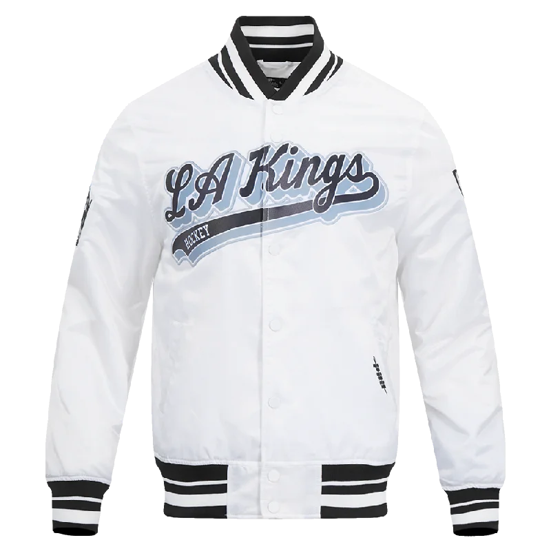 men's waterproof jackets -NHL LOS ANGELES KINGS SCRIPT TAIL MEN'S SATIN JACKET (WHITE/BLACK)