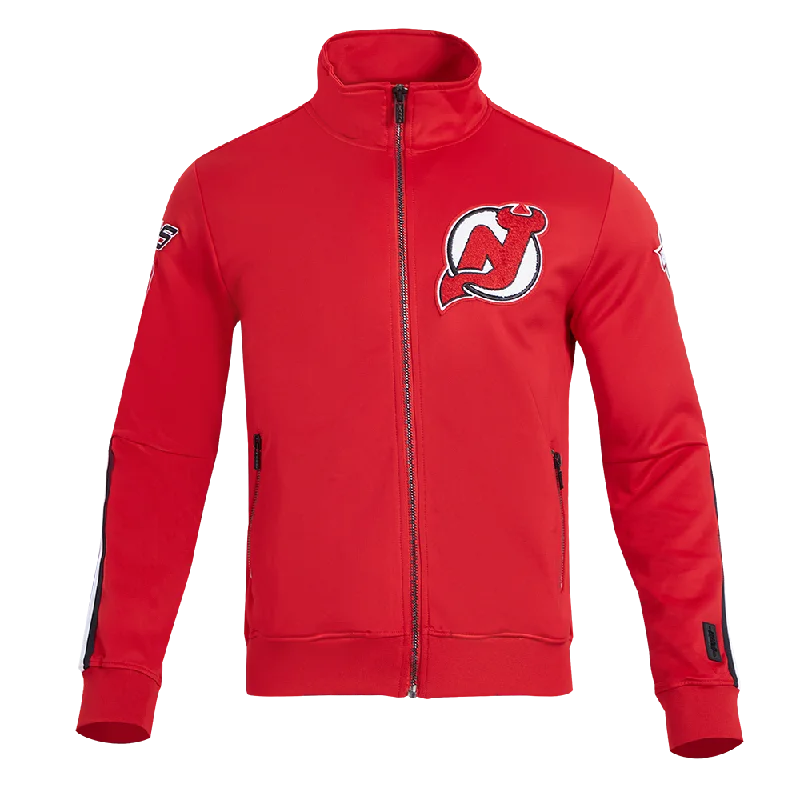 men's lightweight puffer jackets -NHL NEW JERSEY DEVILS CLASSIC CHENILLE MEN'S DK TRACK JACKET (RED/BLACK)