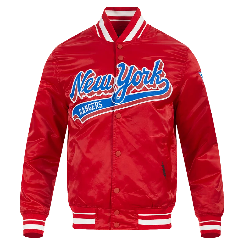 men's puffer jackets -NHL NEW YORK RANGERS SCRIPT TAIL MEN'S SATIN JACKET (RED)