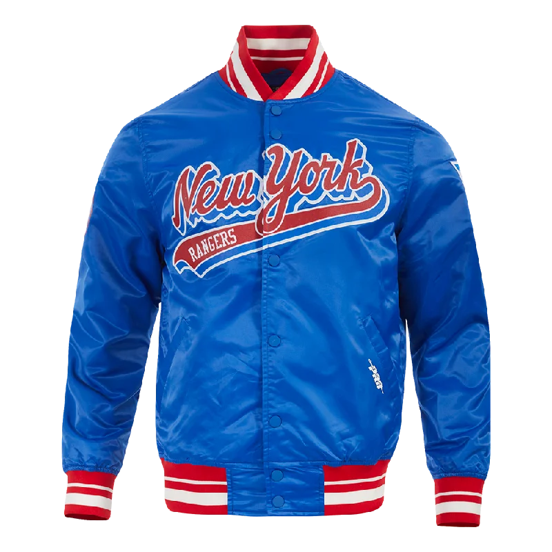 men's insulated snow jackets -NHL NEW YORK RANGERS SCRIPT TAIL MEN'S SATIN JACKET (ROYAL BLUE/RED)