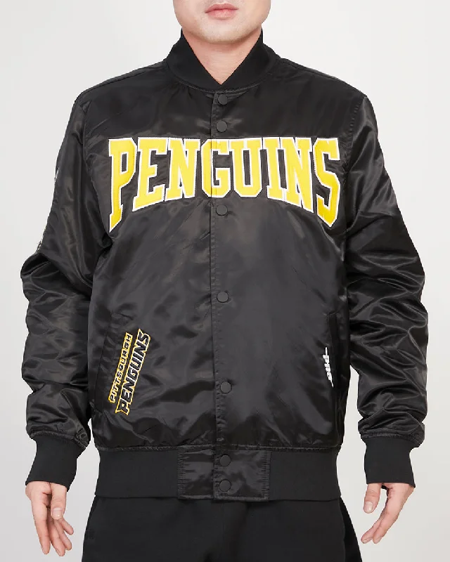 men's blazer jackets -NHL PITTSBURGH PENGUINS CREST EMBLEM MEN'S SATIN JACKET (BLACK)