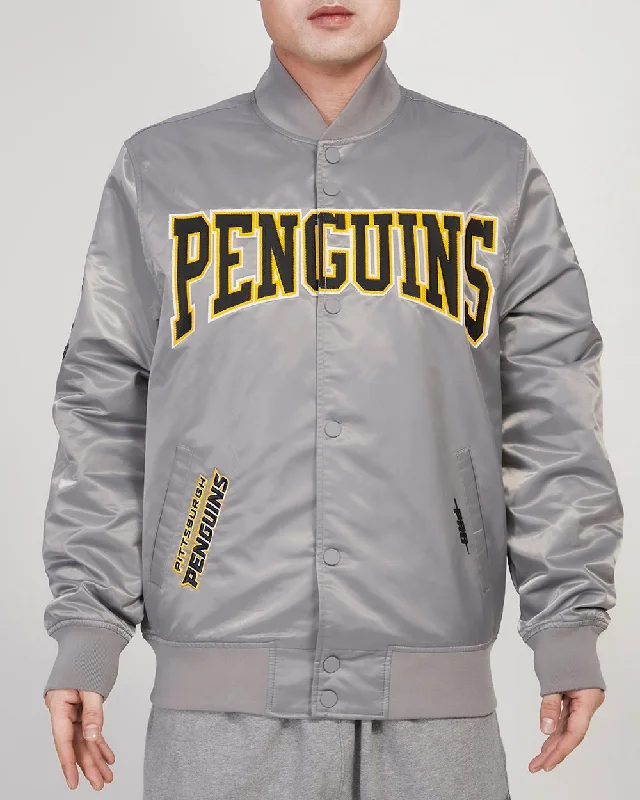 men's varsity jackets -NHL PITTSBURGH PENGUINS CREST EMBLEM MEN'S SATIN JACKET (GRAY)