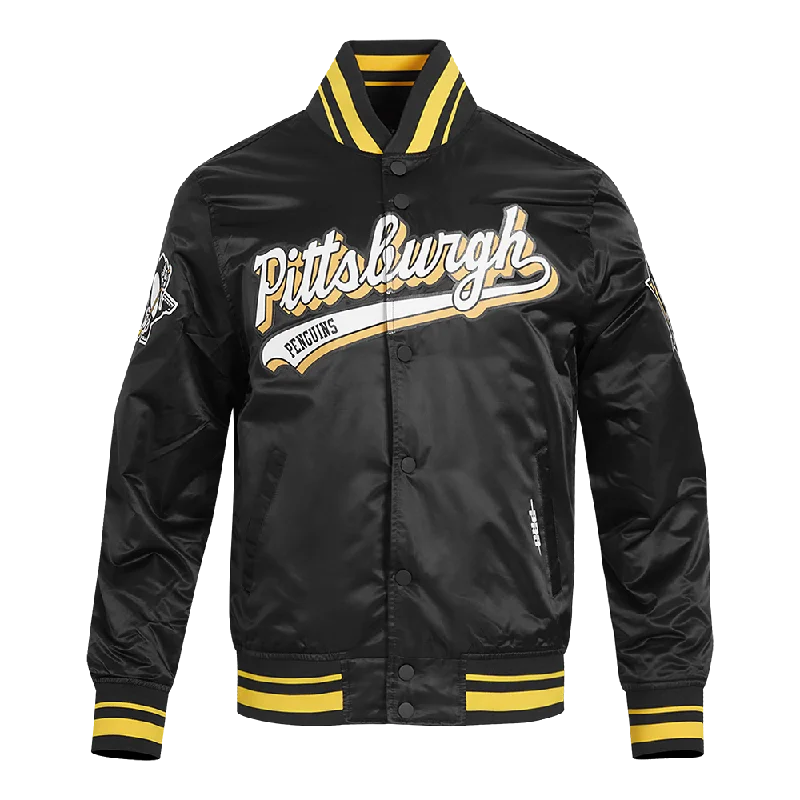 men's waterproof trench jackets -NHL PITTSBURGH PENGUINS SCRIPT TAIL MEN'S SATIN JACKET (BLACK/YELLOW)