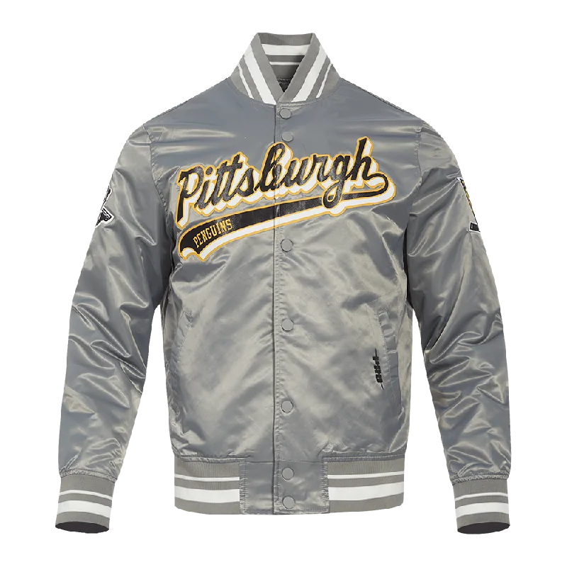 men's thermal jackets -NHL PITTSBURGH PENGUINS SCRIPT TAIL MEN'S SATIN JACKET (GRAY)