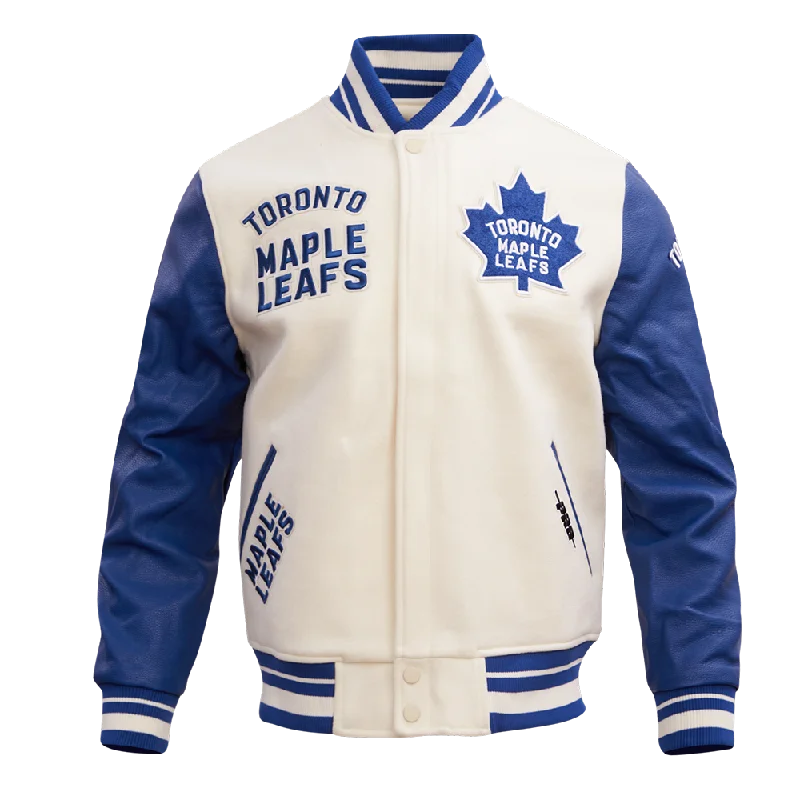 men's hiking jackets -NHL TORONTO MAPLE LEAFS RETRO CLASSIC MEN'S RIB WOOL VARSITY JACKET (EGGSHELL/DODGER BLUE)