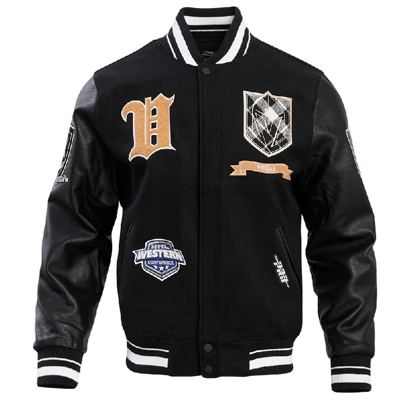 men's puffer jackets -NHL VEGAS GOLDEN KNIGHTS PRO PREP WOOL VARSITY JACKET (BLACK)