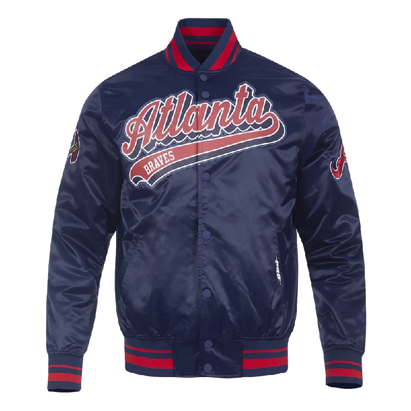 men's minimalist jackets -MLB ATLANTA BRAVES SCRIPT TAIL MEN'S SATIN JACKET (MIDNIGHT NAVY/RED/MIDNIGHT NAVY)