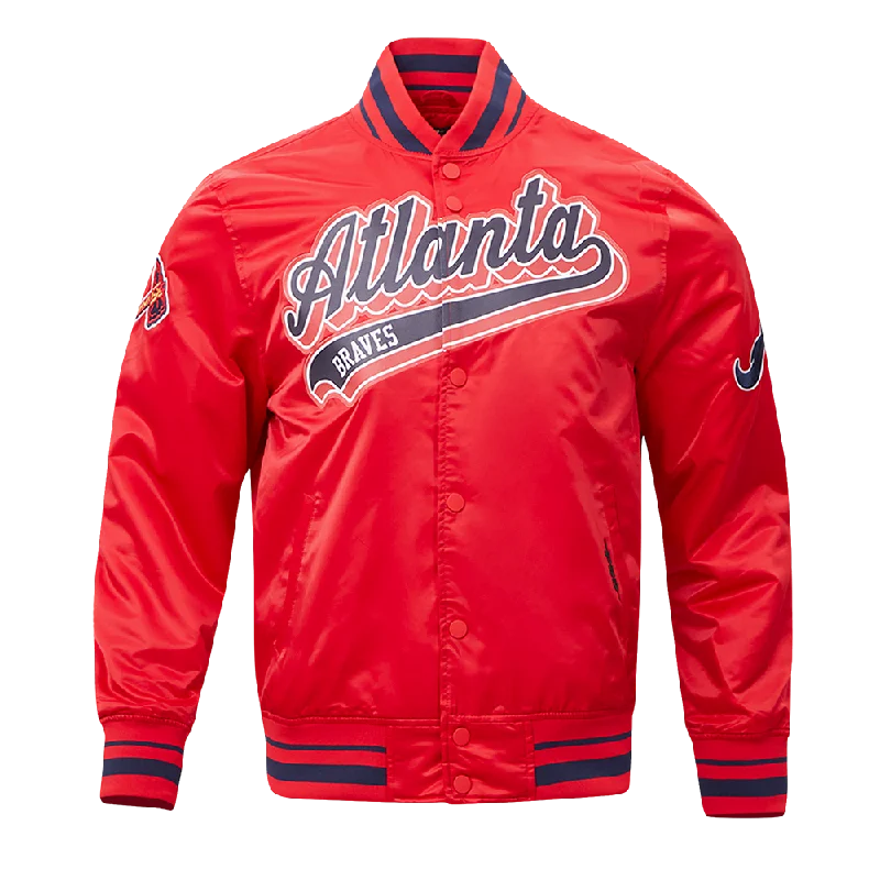 men's fleece jackets for cold weather -MLB ATLANTA BRAVES SCRIPT TAIL MEN'S SATIN JACKET (RED/MIDNIGHT NAVY/RED)