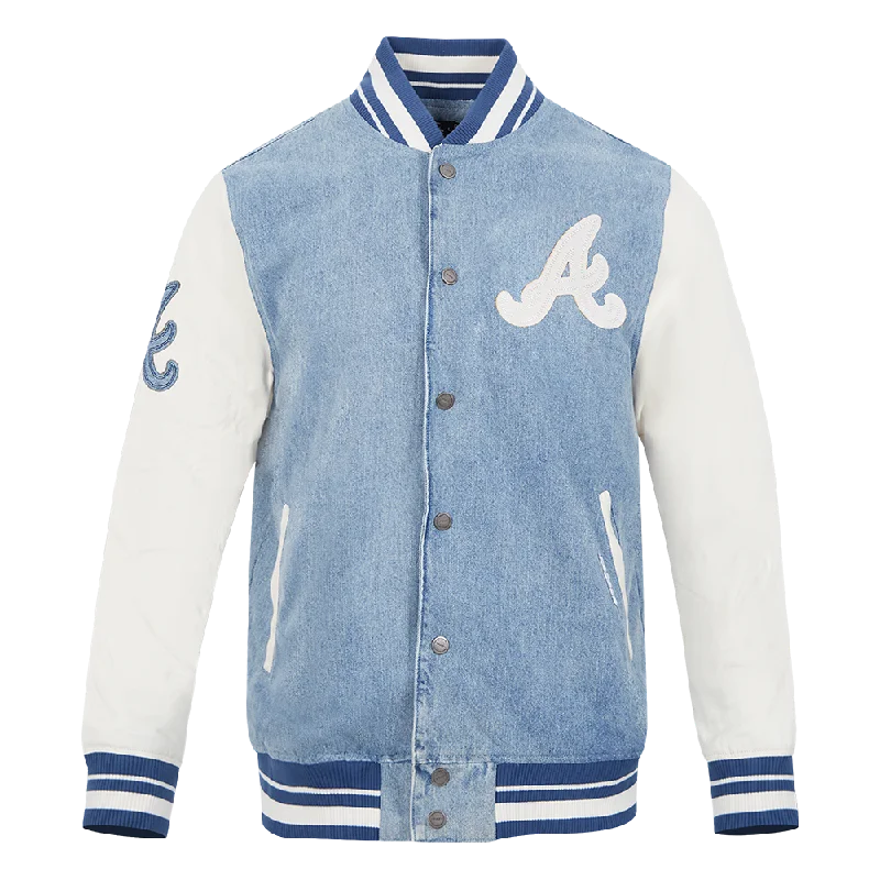 men's fleece-lined jackets -MLB ATLANTA BRAVES VARSITY BLUES MEN'S DENIM VARSITY JACKET (DENIM/LINEN)