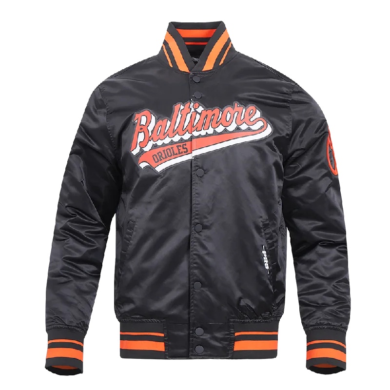 men's thermal jackets -MLB BALTIMORE ORIOLES SCRIPT TAIL MEN'S SATIN JACKET (BLACK/ORANGE)