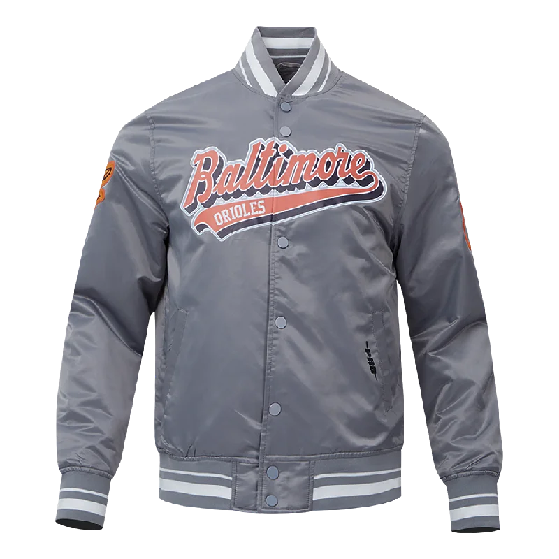 men's padded winter jackets -MLB BALTIMORE ORIOLES SCRIPT TAIL MEN'S SATIN JACKET (GRAY)