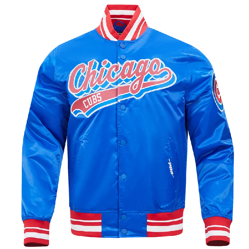 men's varsity jackets -MLB CHICAGO CUBS SCRIPT TAIL MEN'S SATIN JACKET (ROYAL BLUE/RED)