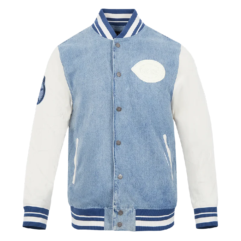 men's long jackets -MLB CINCINNATI REDS VARSITY BLUES MEN'S DENIM VARSTIY JACKET (DENIM/LINEN)