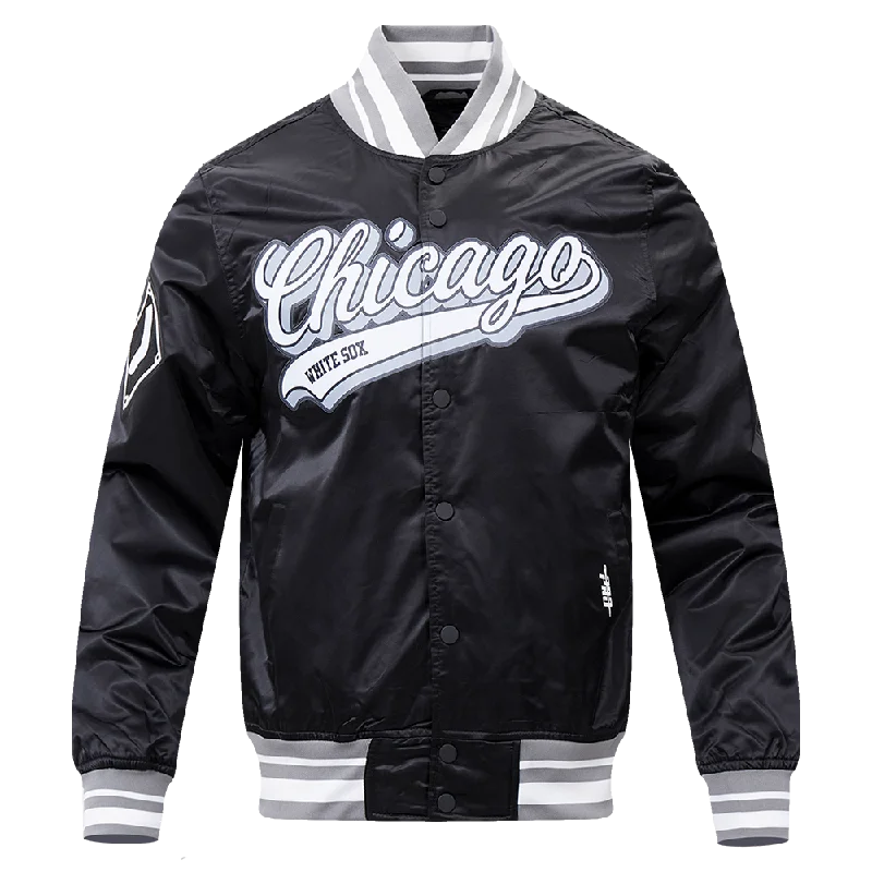 men's casual warm jackets -MLB CHICAGO WHITE SOX SCRIPT TAIL MEN'S SATIN JACKET (BLACK/GRAY)