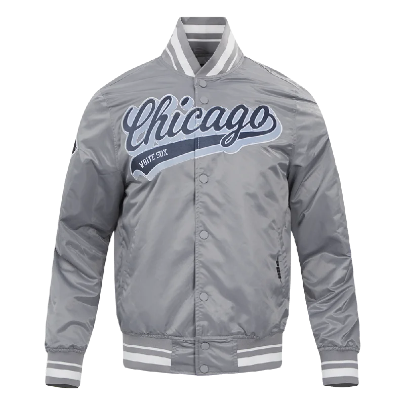 men's coat jackets for fall -MLB CHICAGO WHITE SOX SCRIPT TAIL MEN'S SATIN JACKET (GRAY)