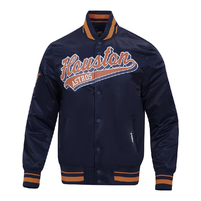 men's casual jackets -MLB HOUSTON ASTROS SCRIPT TAIL MEN'S SATIN JACKET (MIDNIGHT NAVY/ORANGE/MIDNIGHT NAVY)